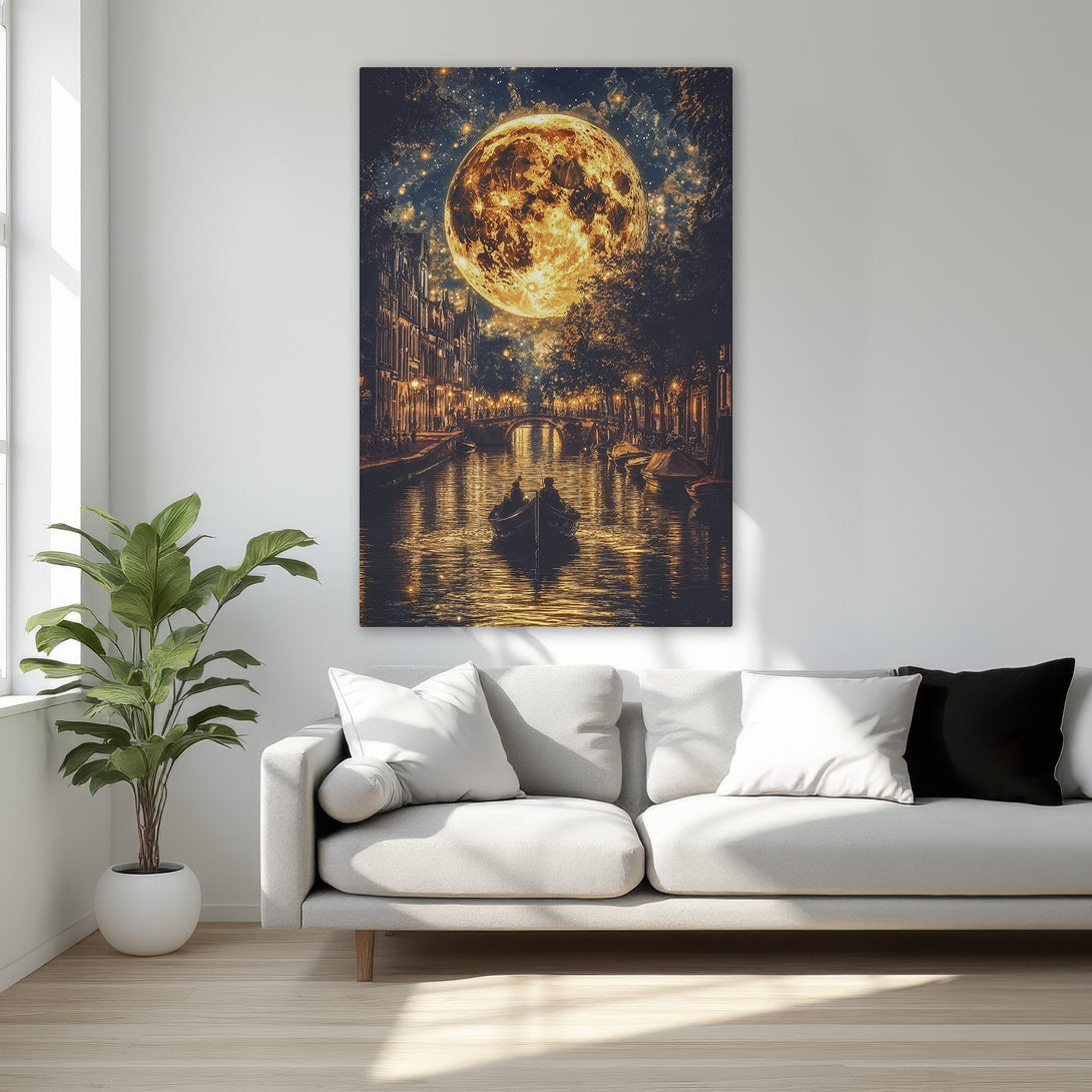 Framed Wall Art: Romantic canal scene with a large moon, warm gold and black color palette. Perfect for bedroom decor. Shop now!