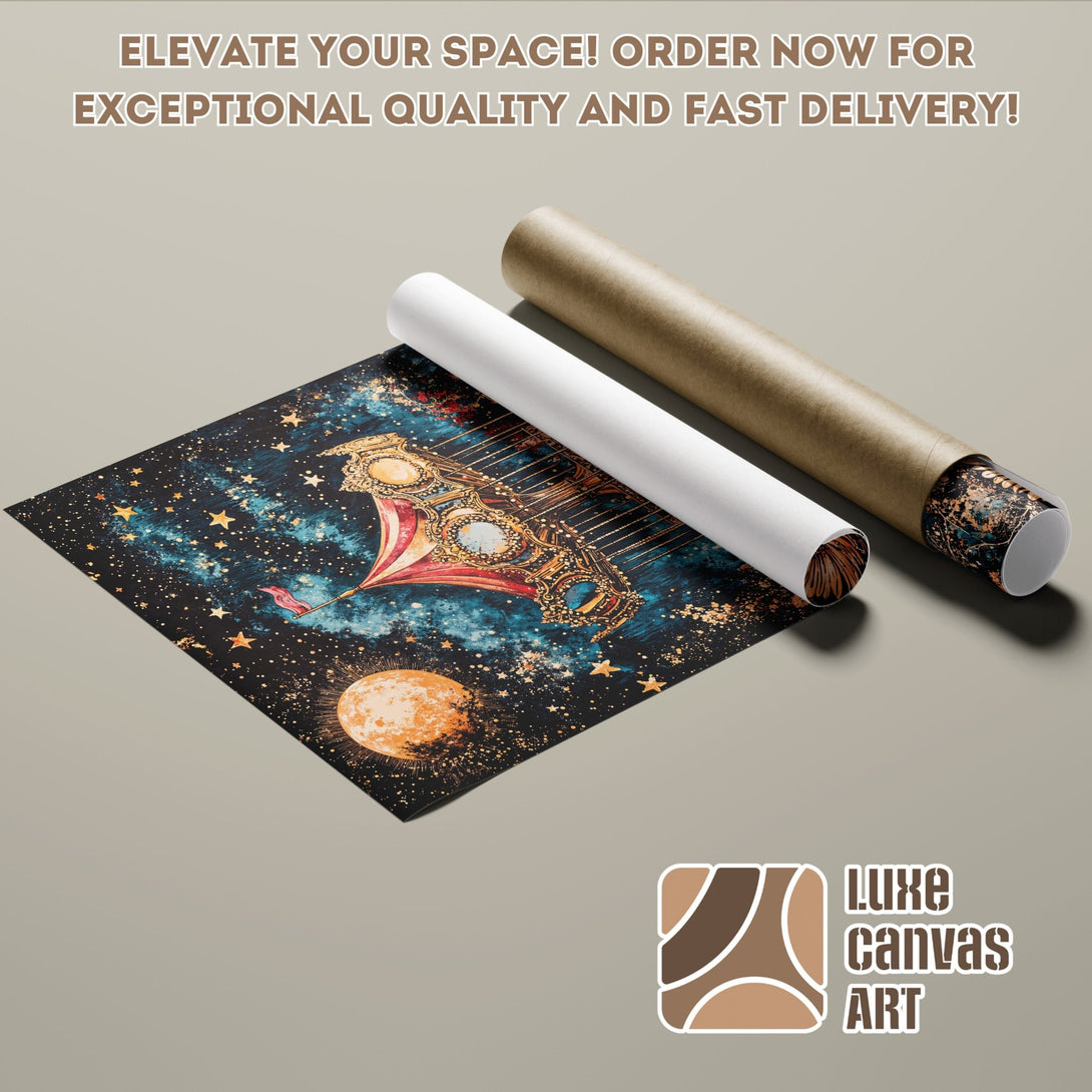 Poster Roll featuring a celestial design with a dark blue and gold color palette. Elevate your space with Luxe Canvas Art!