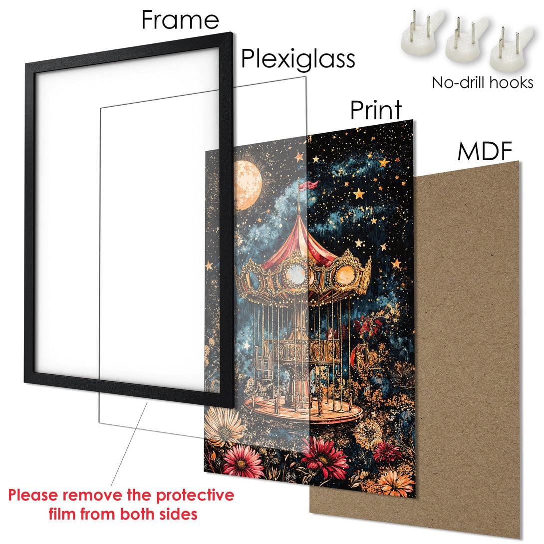 Framed Poster featuring a whimsical carousel scene with a night sky. Dreamy style, rich blue, gold, and red color palette. Perfect wall art!