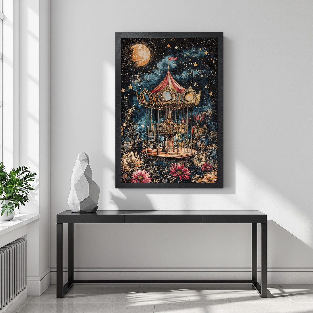 Framed Poster featuring a whimsical carousel under a starry night sky. Dark blue, gold, and red color palette, perfect wall art.