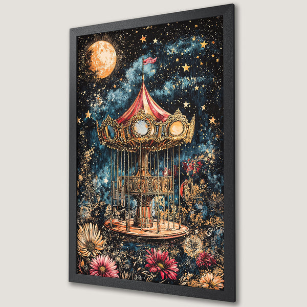 Framed Poster featuring a whimsical carousel illustration with a celestial night sky, in a dreamy blue, gold, and red color palette.