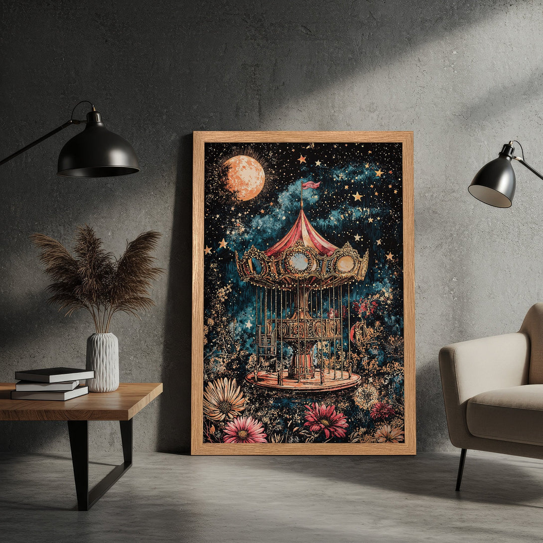 Framed Poster featuring a whimsical carousel illustration in a dreamy, dark blue and pink color palette. Perfect wall art!