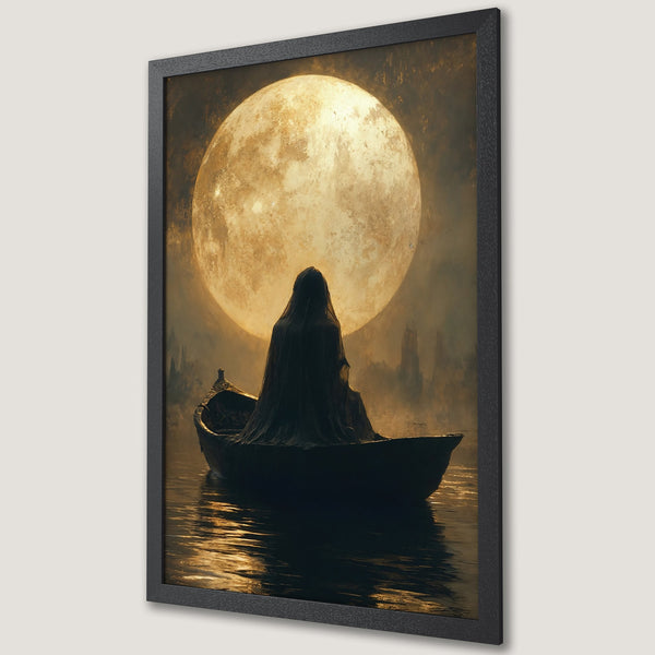 Framed Poster featuring a mysterious figure in a boat under a glowing moon. Dark, moody art with a warm, golden color palette.