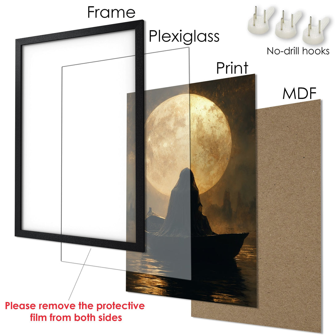 Framed Poster featuring a mystical scene with a large moon, dark tones, and a gothic style. Ready to hang!