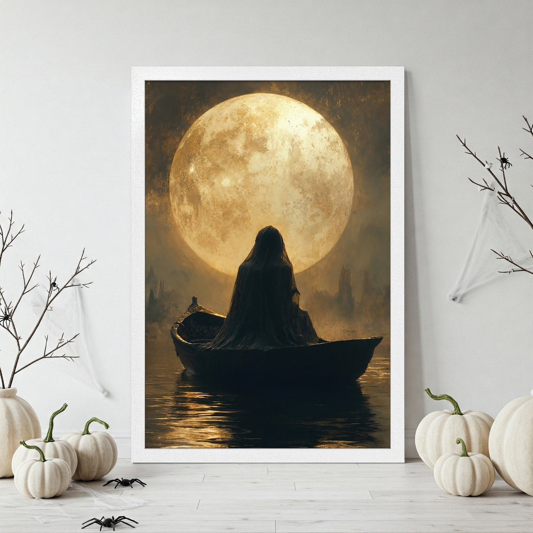 Framed Poster: Spooky Halloween art featuring a figure in a boat under a moon, with a dark, moody color palette. Perfect for seasonal decor.