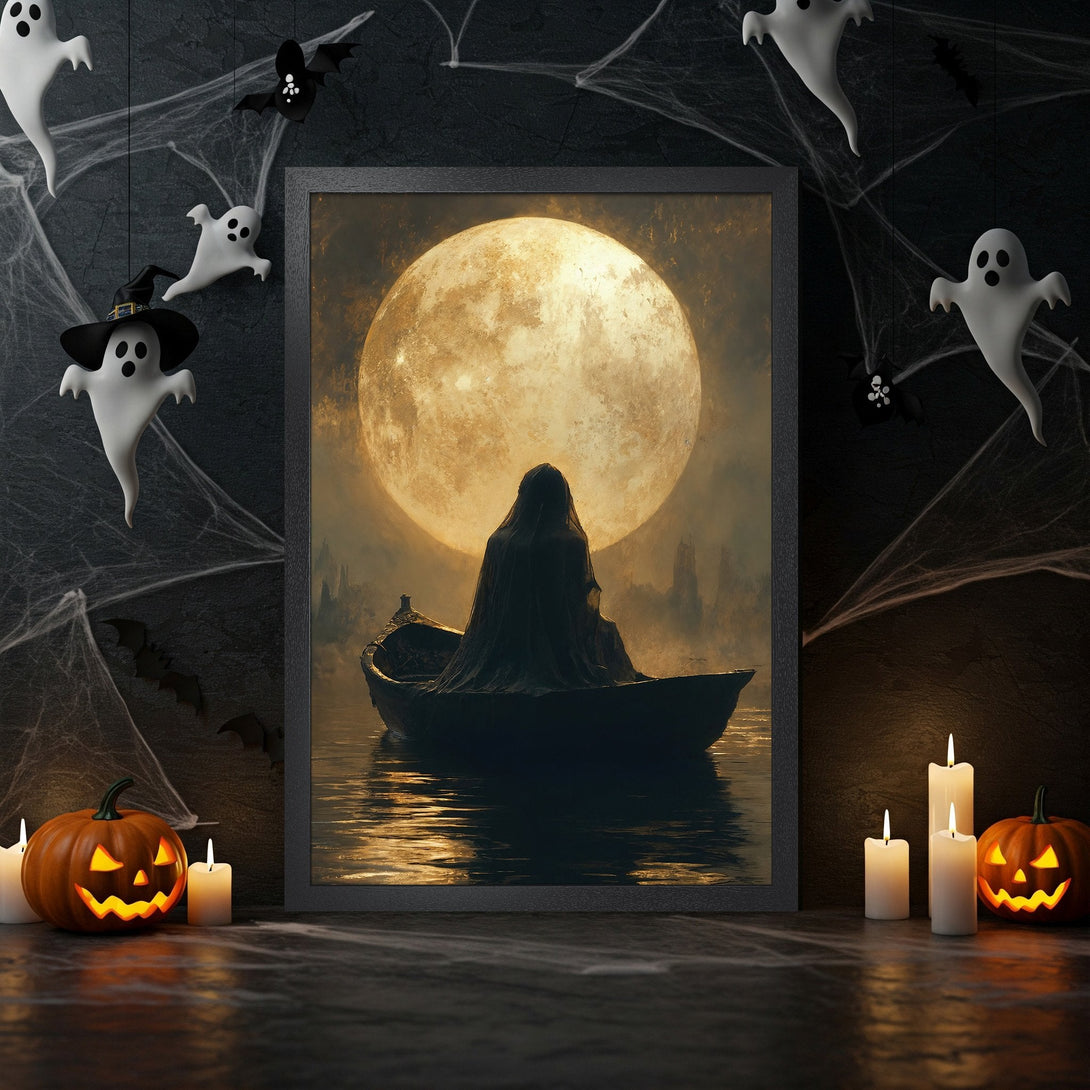 Framed Poster featuring a spooky scene with a full moon, dark style, and warm color palette. Perfect Halloween decor.