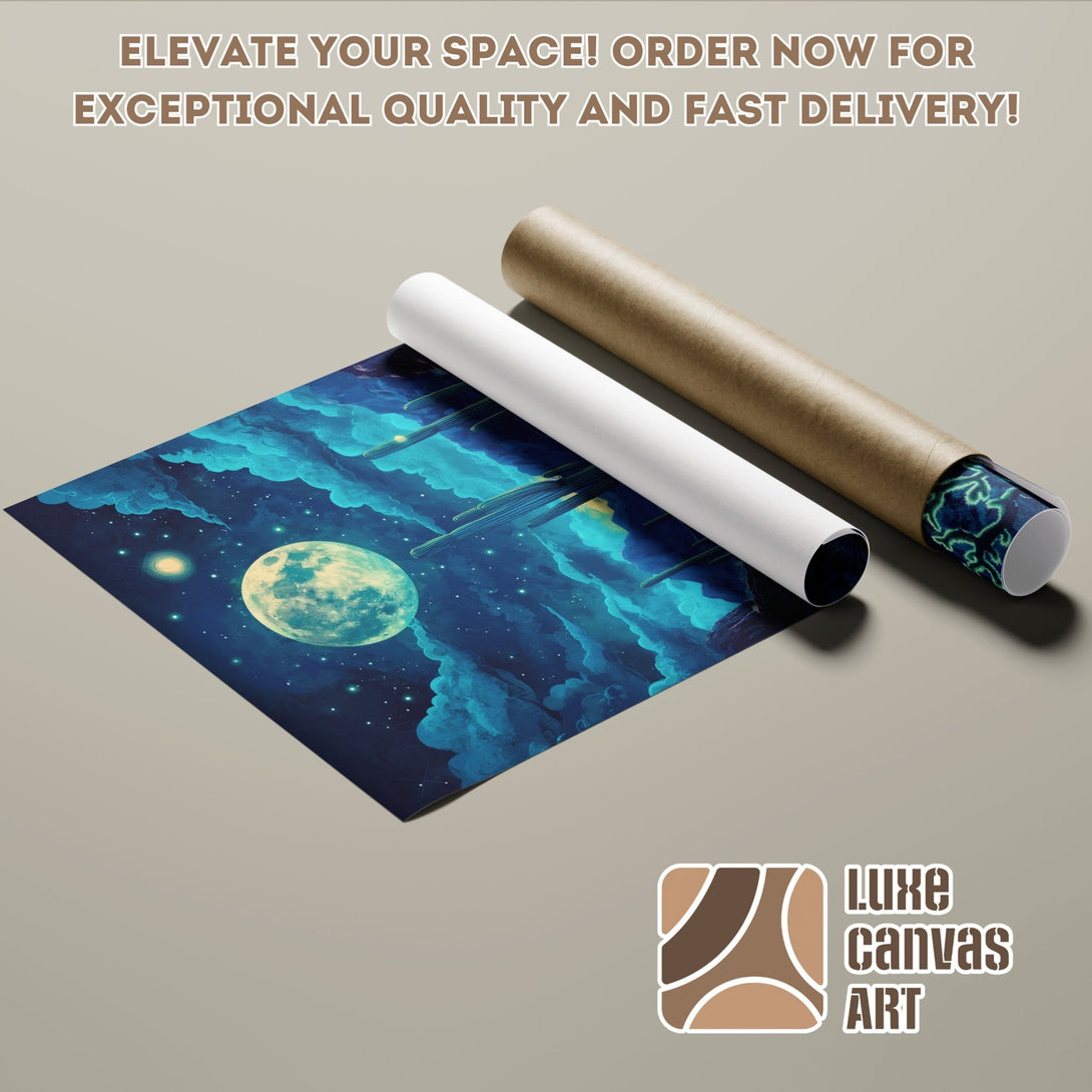 Poster Roll featuring a dreamy night sky scene, artistic style with blue and teal tones. Elevate your space with art!