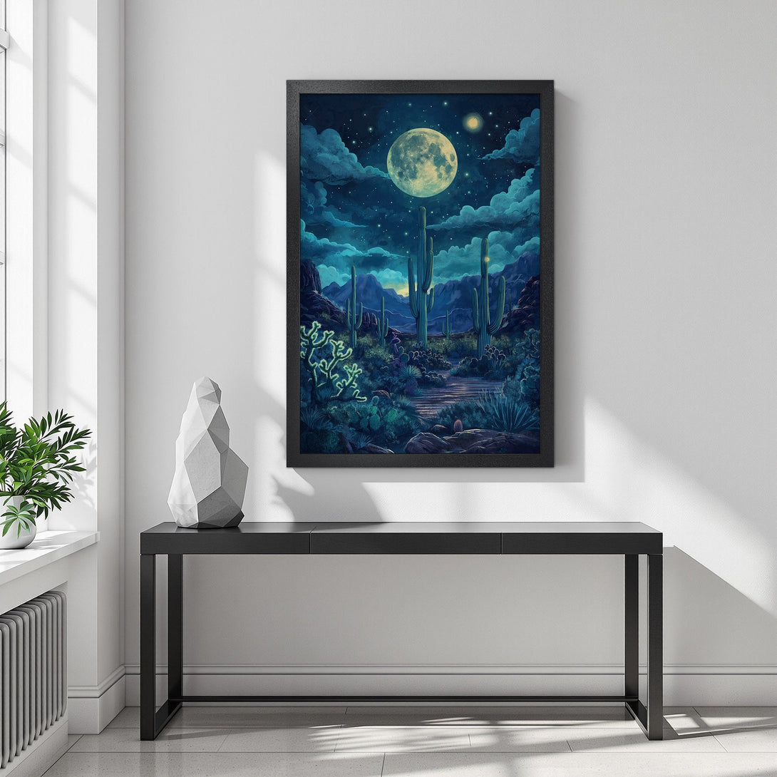Framed Poster featuring a desert night scene with a full moon, in a vibrant blue and green color palette. Perfect wall art!