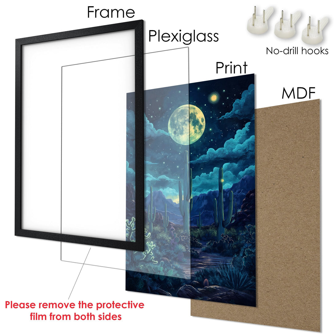 Framed Poster featuring a desert landscape with a full moon, in a dreamy, painterly style with a blue and green color palette.
