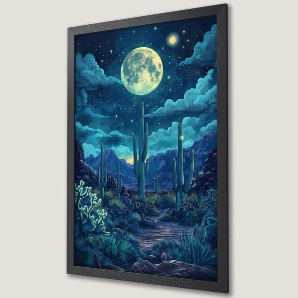 Framed Poster: Desert night scene with a full moon, saguaro cacti, and mountains. Illustration style with a blue and green color palette.