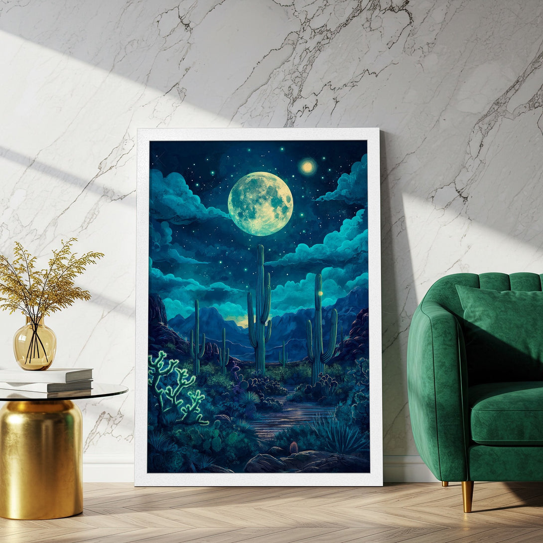 Framed Poster featuring a desert landscape under a moonlit sky, in a whimsical style with a teal and green color palette.