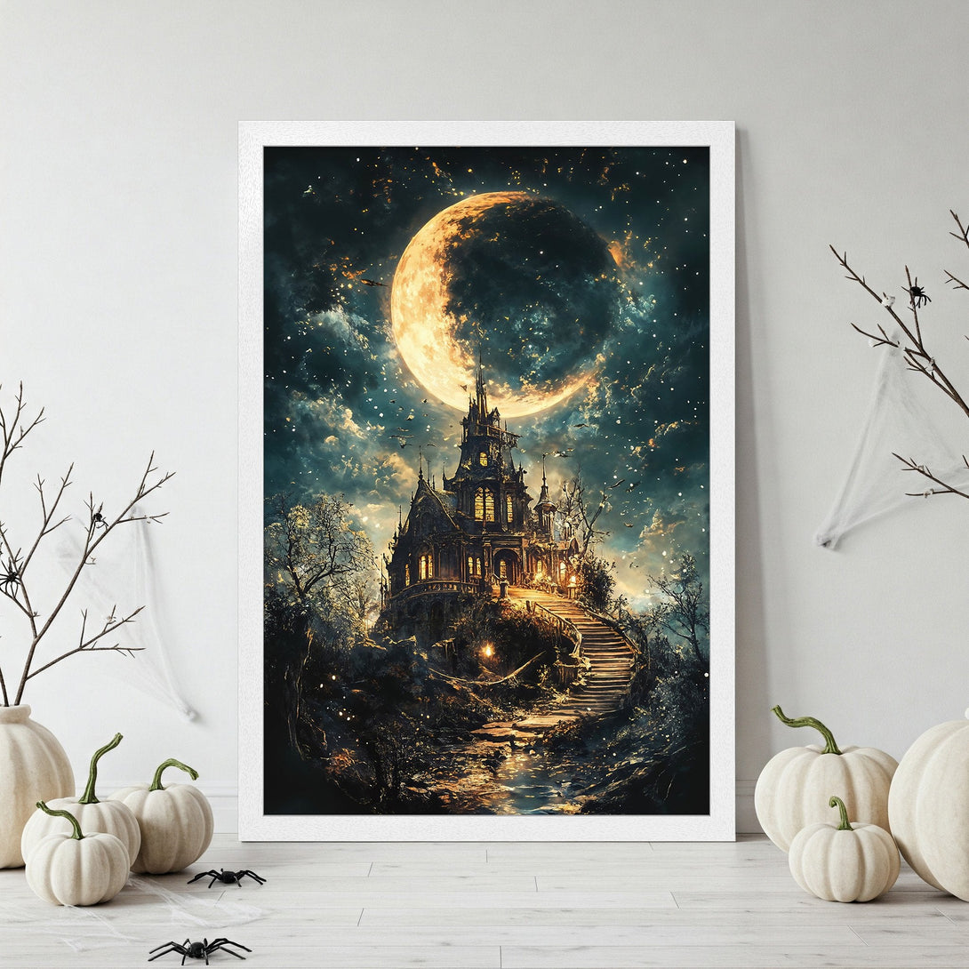 Framed Poster featuring a spooky castle under a giant moon, fantasy art style, with a dark, moody color palette. Perfect Halloween decor!