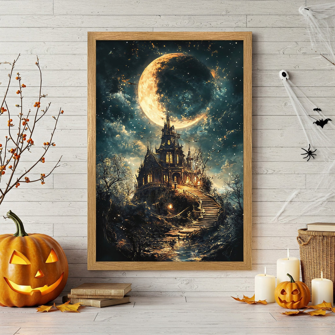 Framed Poster featuring a spooky castle under a full moon. Dark, fantasy style with a warm, autumnal color palette. Perfect Halloween decor!