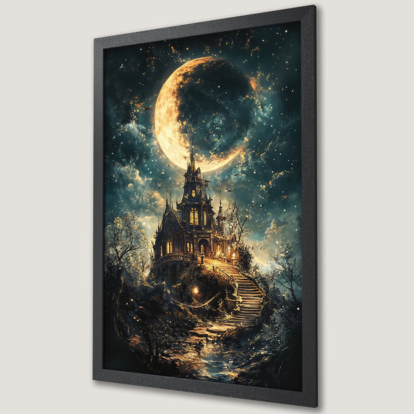 Framed Poster of a gothic castle under a moonlit sky. Dark, fantasy art with a warm, golden and teal color palette. Perfect wall decor.