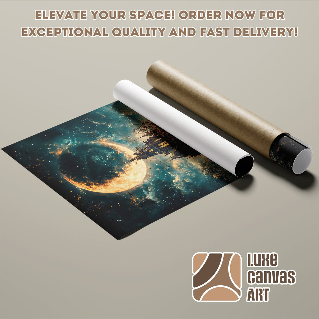 Poster Roll featuring a celestial fantasy scene with teal, orange, and brown tones. Elevate your space with Luxe Canvas Art!