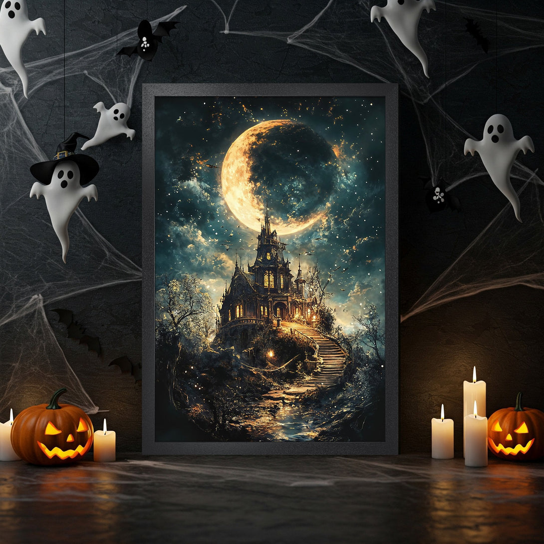 Framed Poster: Spooky Halloween scene with haunted castle, moon, and dark color palette. Perfect for seasonal decor.