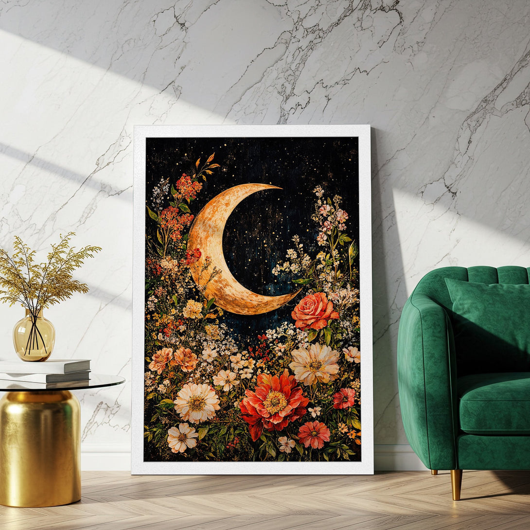 Framed Poster featuring a crescent moon and floral artwork in warm, inviting tones. Perfect wall art for a cozy space.