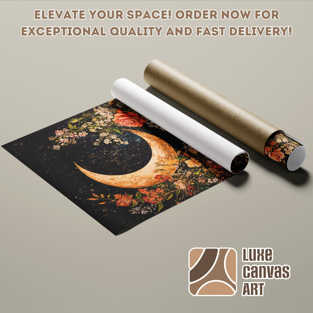 Poster Roll featuring a celestial design with a black background and warm color palette. Order yours today!