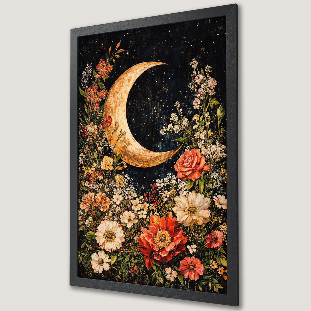 Framed Poster featuring a crescent moon and floral arrangement in a dark, romantic style with warm, earthy tones. Perfect wall art!