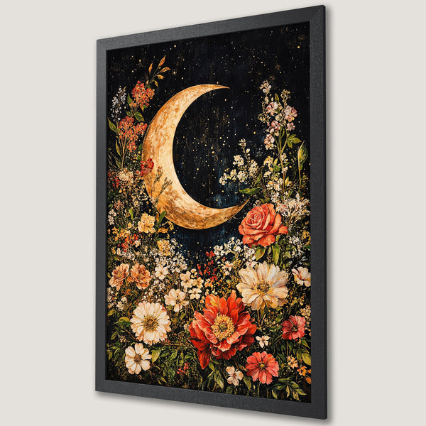 Framed Poster featuring a crescent moon and floral arrangement in a dark, romantic style with warm, earthy tones. Perfect wall art!