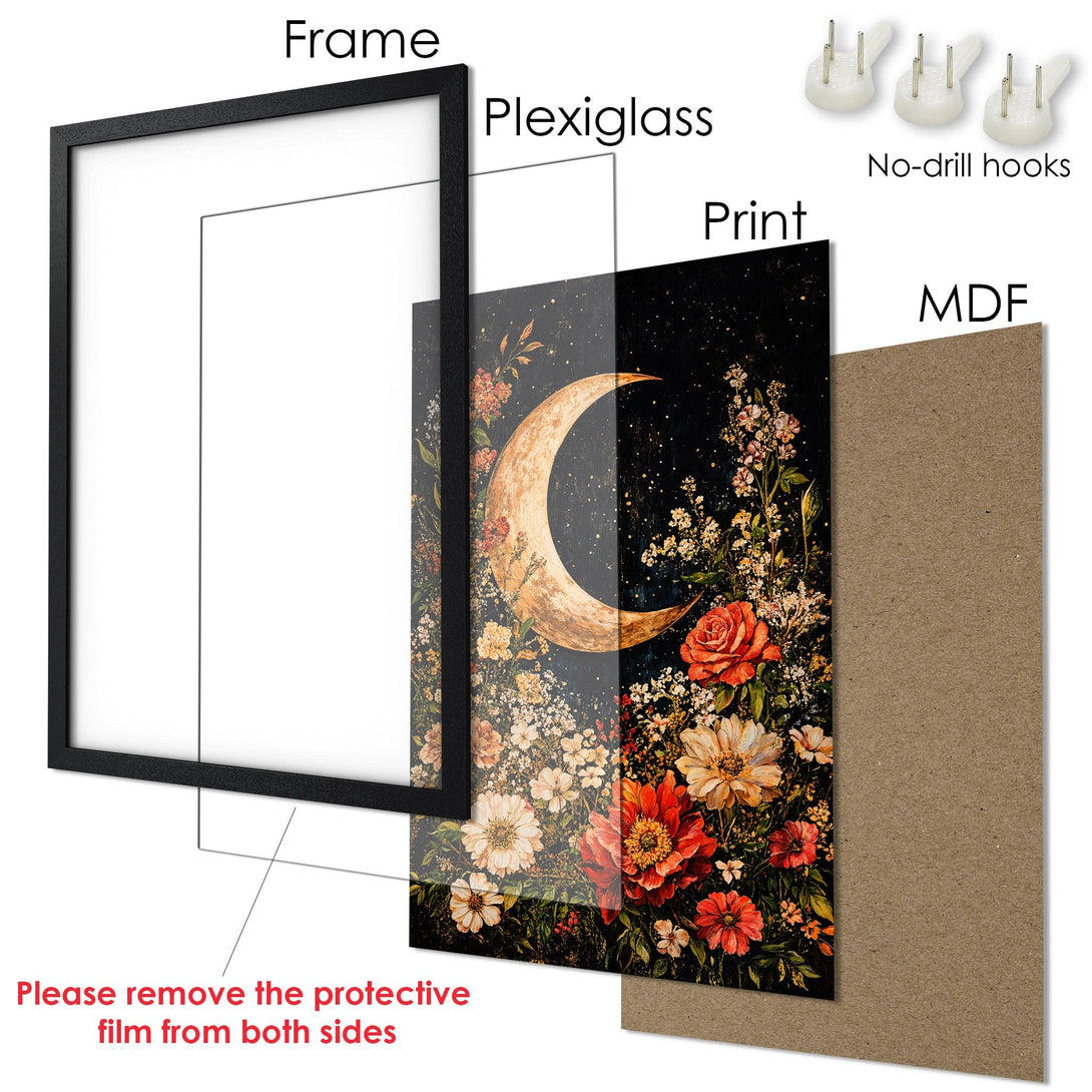 Framed Poster featuring a moon and floral art in a dark, romantic style with warm red and gold tones. Perfect wall decor!