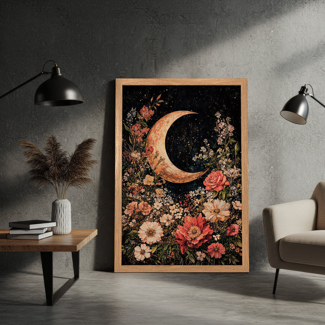 Framed Poster featuring a crescent moon and floral design, vintage style, warm color palette. Perfect wall art!