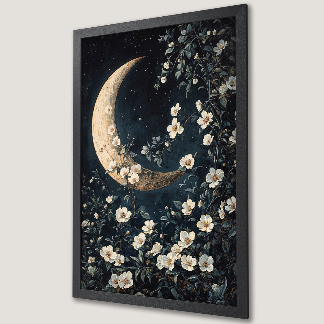 Framed Poster featuring a crescent moon and floral design in a dark, moody palette. Perfect for adding a touch of elegance to your space.