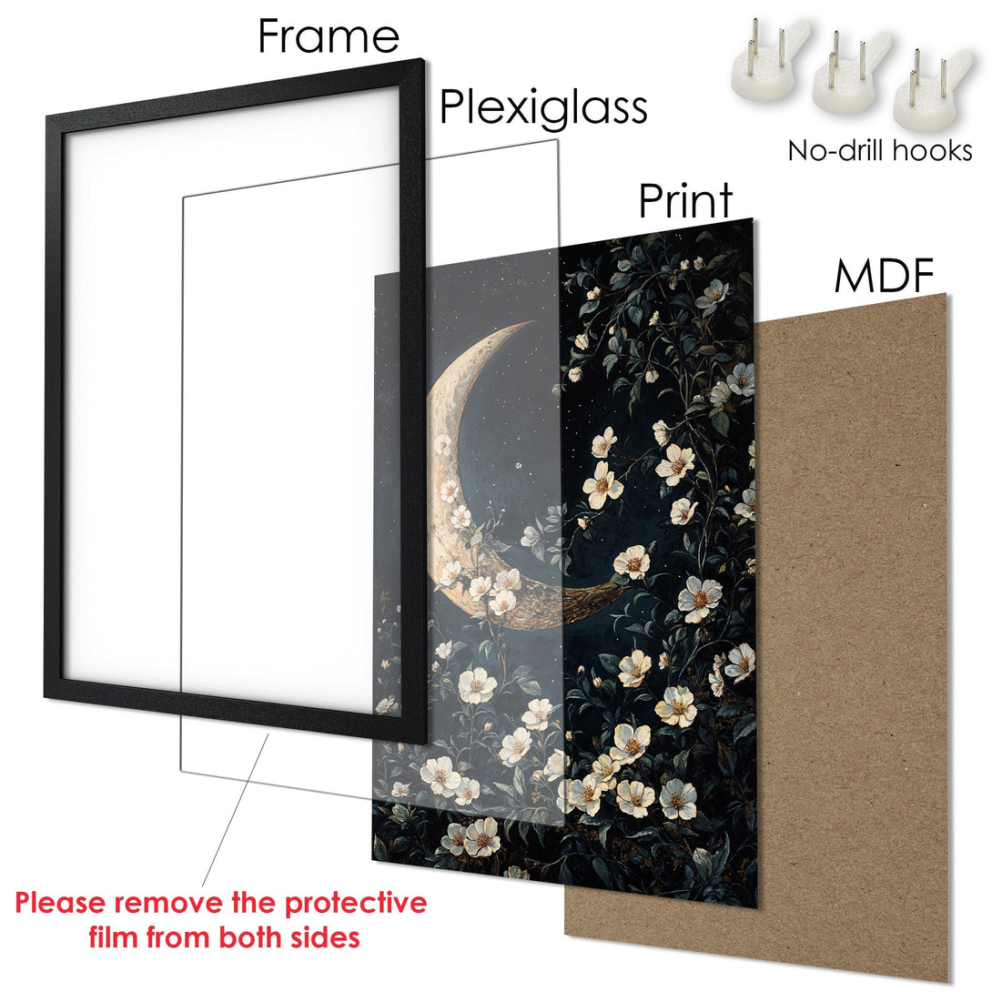 Framed Poster featuring a moon and floral design in a dark, moody color palette. Perfect wall art for any room!