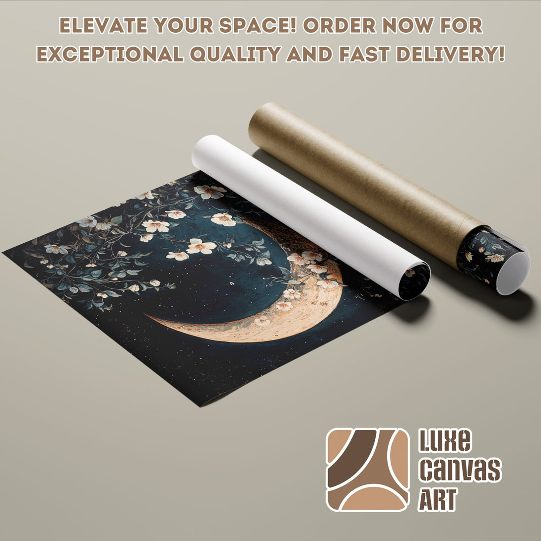 Poster Roll featuring a celestial design with moon & flowers in dark blue tones. Elevate your space with this art poster!