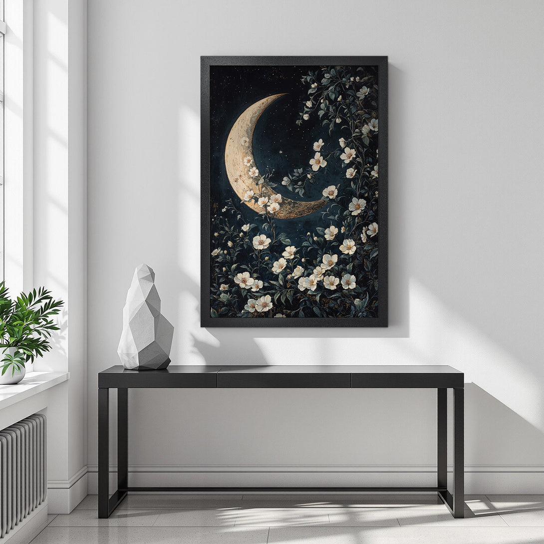 Framed Poster featuring a crescent moon and floral design in a dark, moody color palette. Perfect wall art for any space!