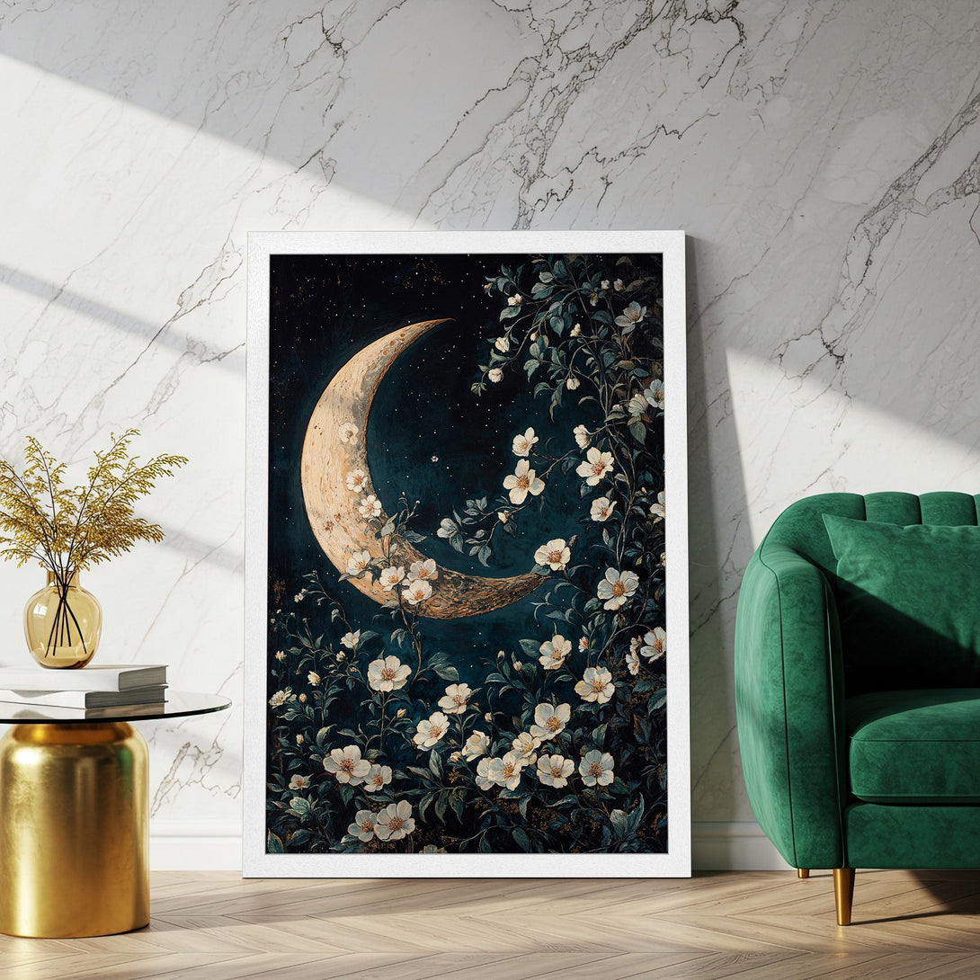 Framed Poster featuring a crescent moon & floral art. Dark, moody style with teal, cream, & gold tones. Perfect wall decor!