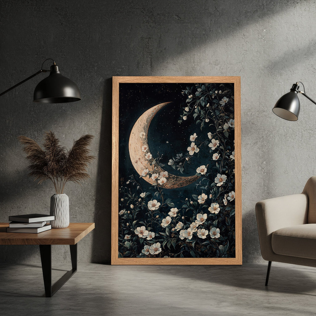 Framed Poster featuring a crescent moon and floral design in a dark, moody color palette. Perfect for adding a touch of art to your space.