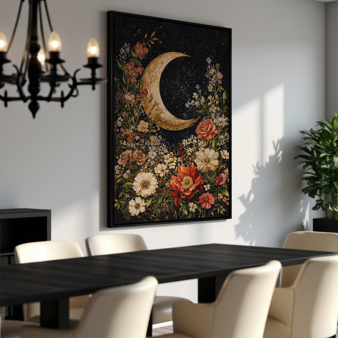 Framed Wall Art: Celestial floral print with a crescent moon, featuring a dark, moody color palette. Perfect for adding a touch of elegance to any space.