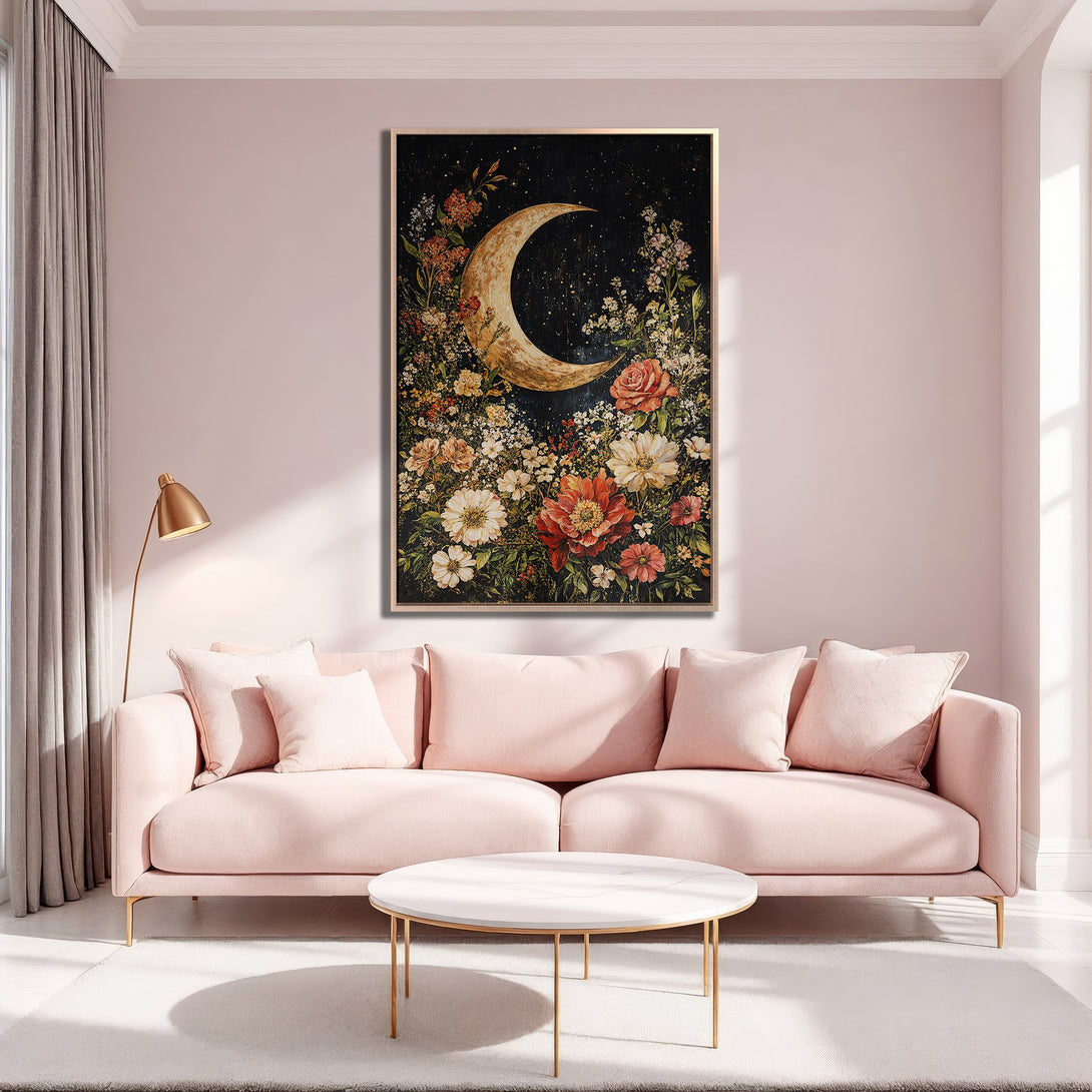 Framed Wall Art: Celestial moon and floral Canvas Print in a blush pink interior. Romantic, vintage style with warm, earthy tones.