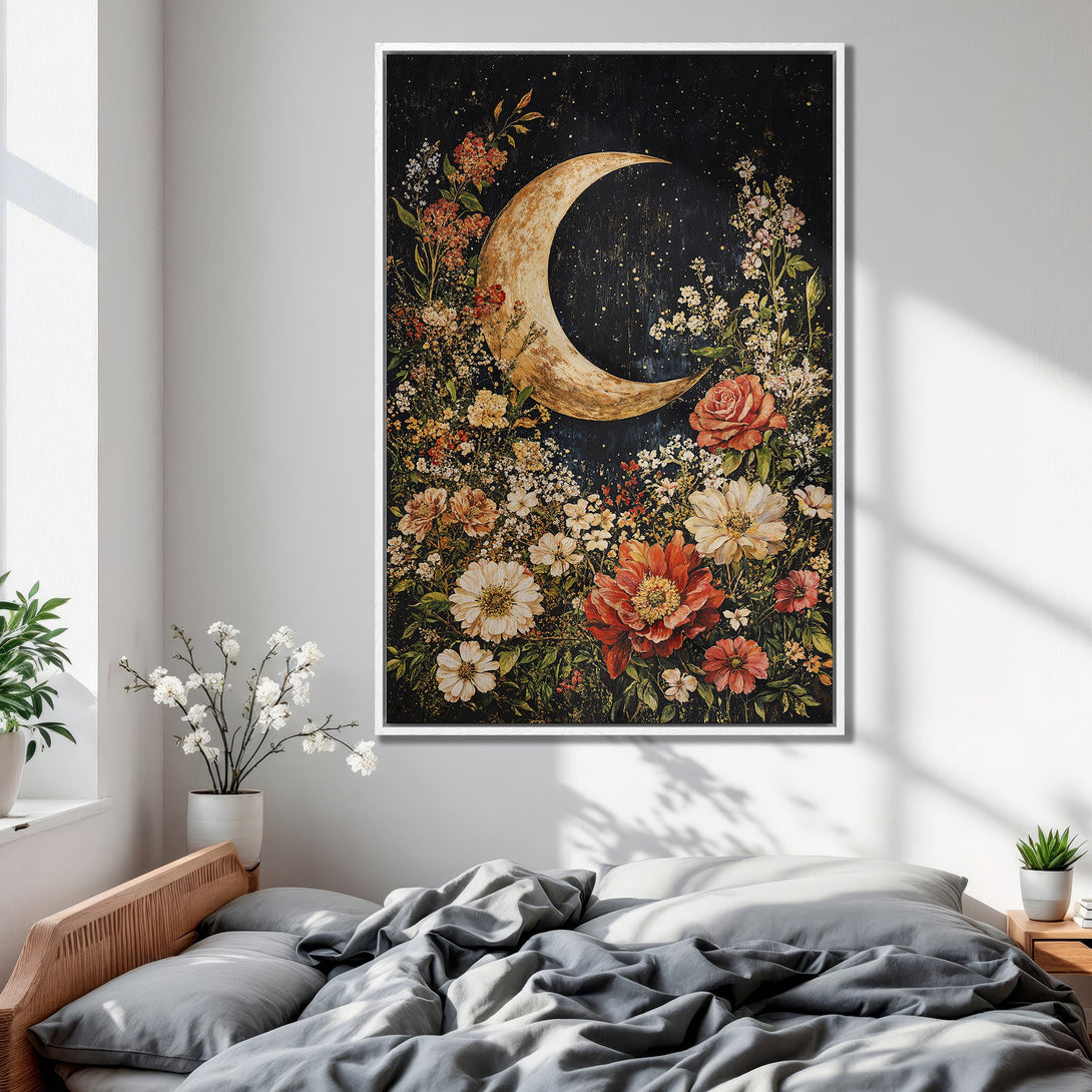 Framed Wall Art featuring a crescent moon and floral arrangement. Romantic, vintage style with a warm, earthy color palette. Perfect bedroom decor!