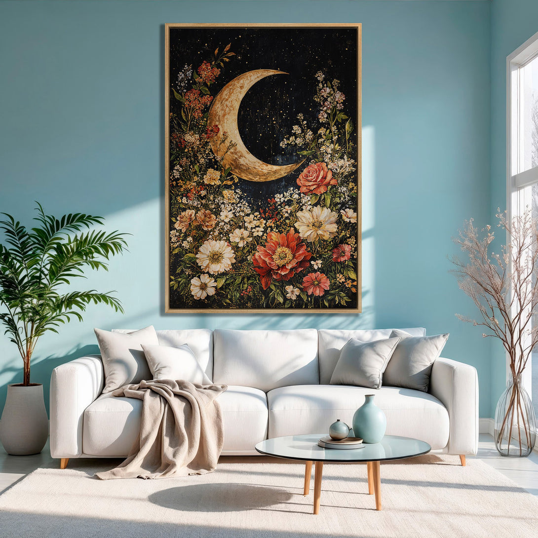 Framed Wall Art: Celestial moon & floral canvas print in a modern living room. Features a warm, earthy palette with pops of red & gold.