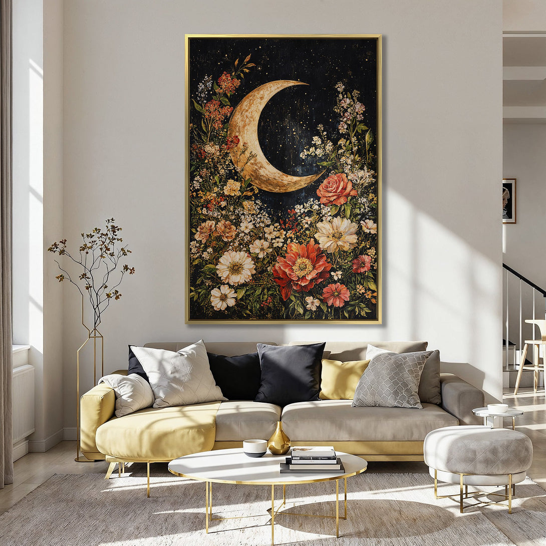 Canvas Print: Floral moon art in a kitchen. Features a celestial design with warm colors, perfect for adding a touch of bohemian style to your home decor.