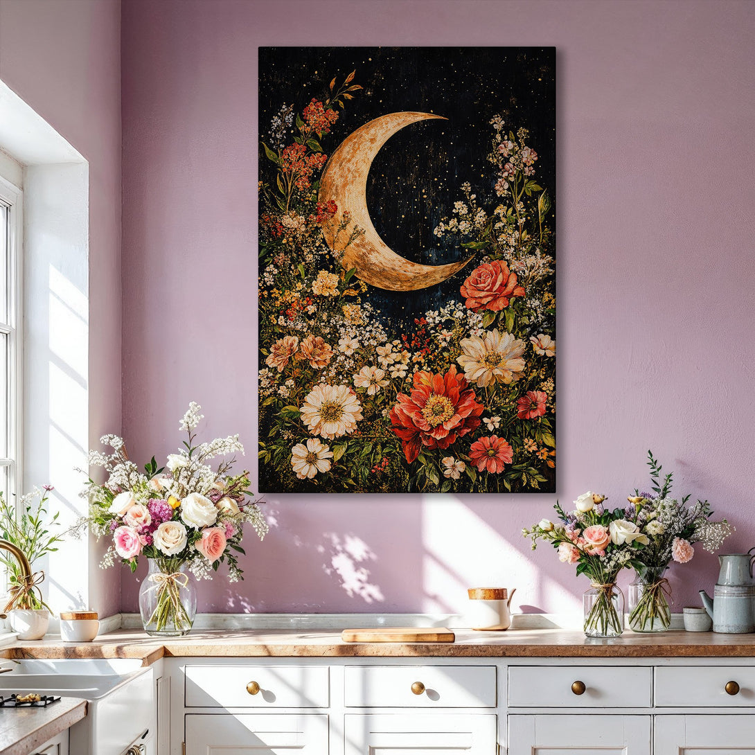 Framed Wall Art: Celestial floral art print with a crescent moon and flowers in warm tones. Adds a touch of elegance to any living space. Shop now!