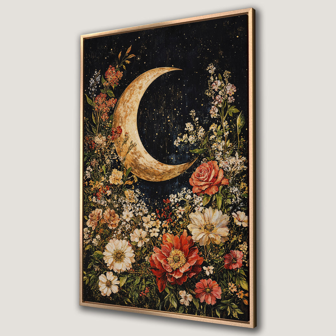 Framed Wall Art: Celestial moon and floral canvas print. Romantic style with a dark, moody background and warm, earthy color palette. Perfect for any room!