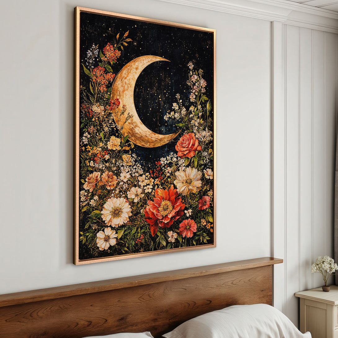 Framed Wall Art: Floral moon canvas print in warm tones. Adds a touch of celestial beauty to any space. Perfect for bedroom decor.