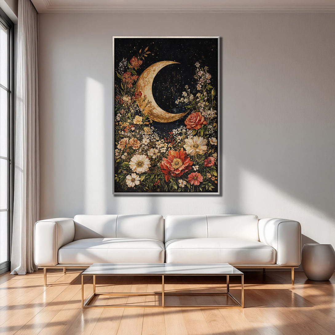 Framed Wall Art: Celestial moon and floral design in warm tones. Perfect for adding a touch of magic to your living room.