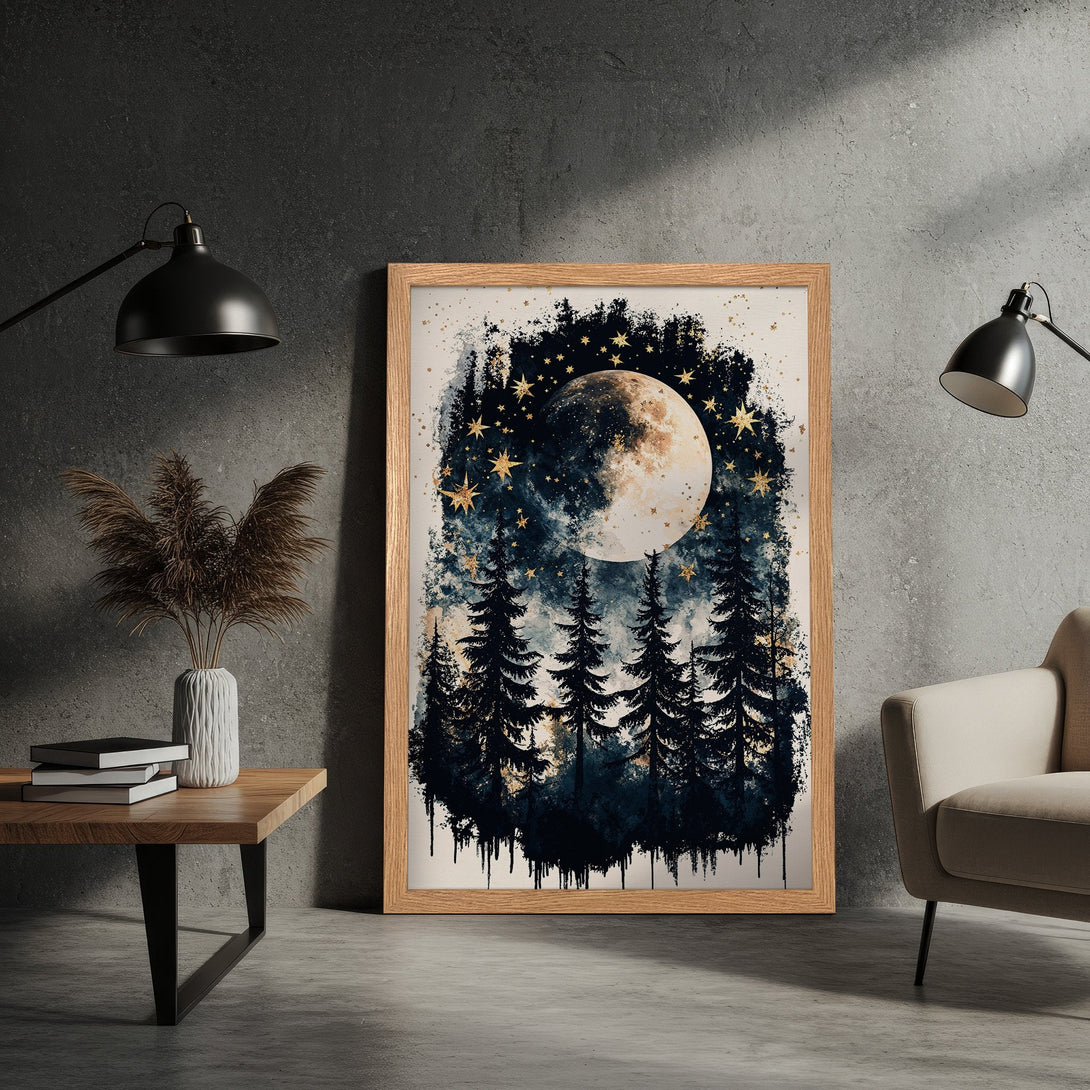 Framed Poster featuring a dreamy forest scene with a moon and stars. Dark blue and gold color palette, perfect for home decor.
