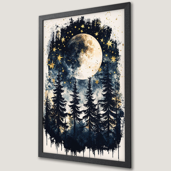 Framed Poster: Moonlit forest art print with gold stars. Dark blue & gold color palette, perfect for adding a touch of magic to your space.