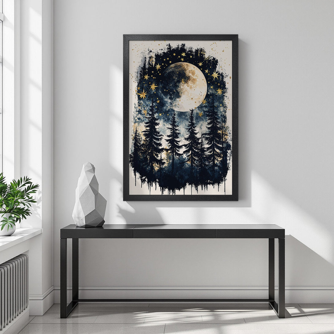 Framed Poster featuring a moonlit forest scene, with a dark blue and gold color palette. Perfect wall art for any room.