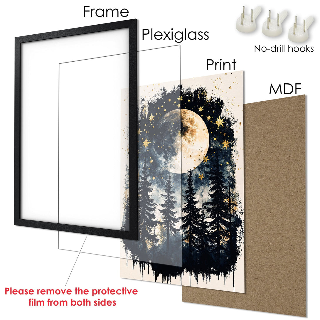 Framed Poster featuring a mystical forest scene with a moon and stars, in a dreamy, dark blue and gold color palette. Perfect wall art!