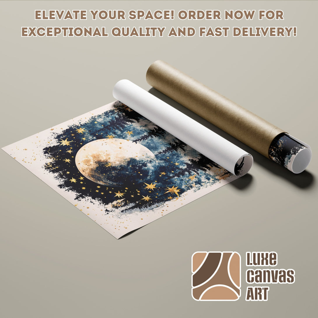 Poster Roll featuring a celestial design with a blue and gold color palette. Perfect for adding art to your space!