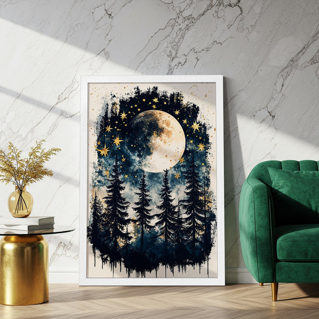 Framed Poster featuring a dreamy night scene with a moon, forest, and stars. Dark blue, gold, and white color palette. Perfect wall art!