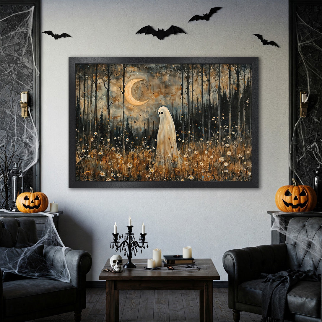 Framed Poster featuring a whimsical ghost in a forest scene. Watercolor style with a warm, autumnal color palette. Perfect Halloween decor!