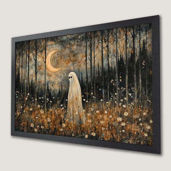 Framed Poster featuring a whimsical ghost in a forest scene with a warm, earthy color palette. Perfect for Halloween decor!
