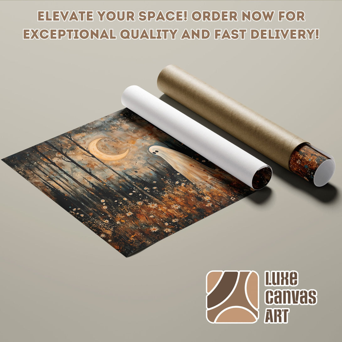 Poster Roll featuring a whimsical forest scene with a ghost, in a warm, earthy color palette.